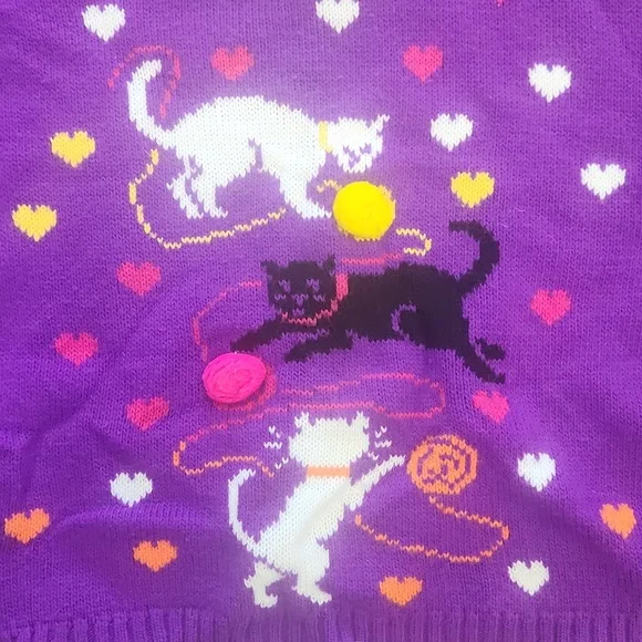 80s KNITIQUE kitty cat pom pom sweater 7/8 vintage acrylic knit girl's crewneck - Picture 2 of 9